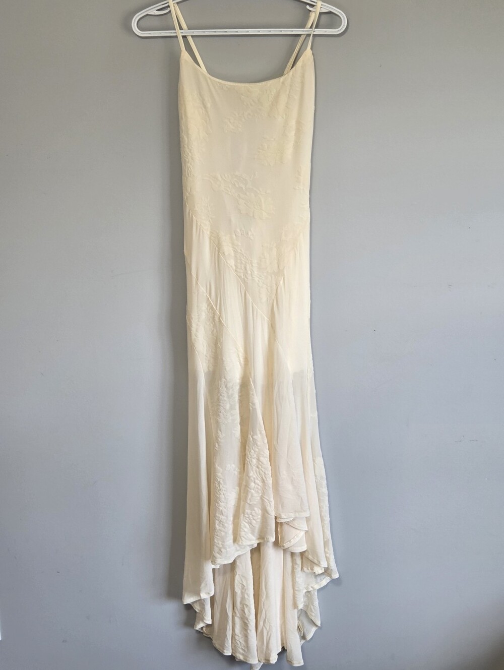 Ivory Floral Velvet Burnout Lace-Like Mesh Maxi Slip Dress Tie Back Sz L
